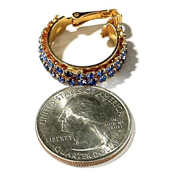 Vintage Gold Tone Hoop Earrings with Blue Rhinestones – Clip-On Mid-Century Glam - Picture 2 of 5
